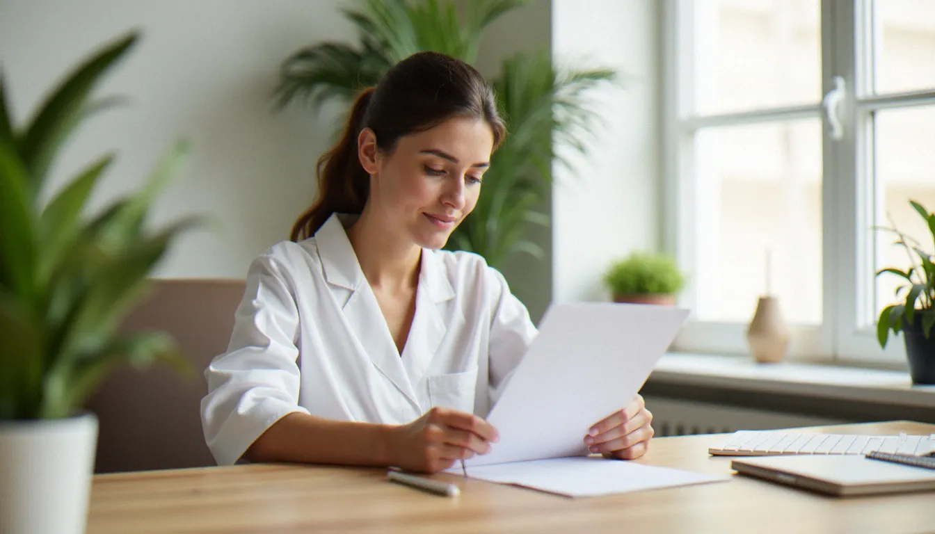 Praticienne en massage bien-être consultant un document de certification reconnue dans un studio lumineux à Vichy