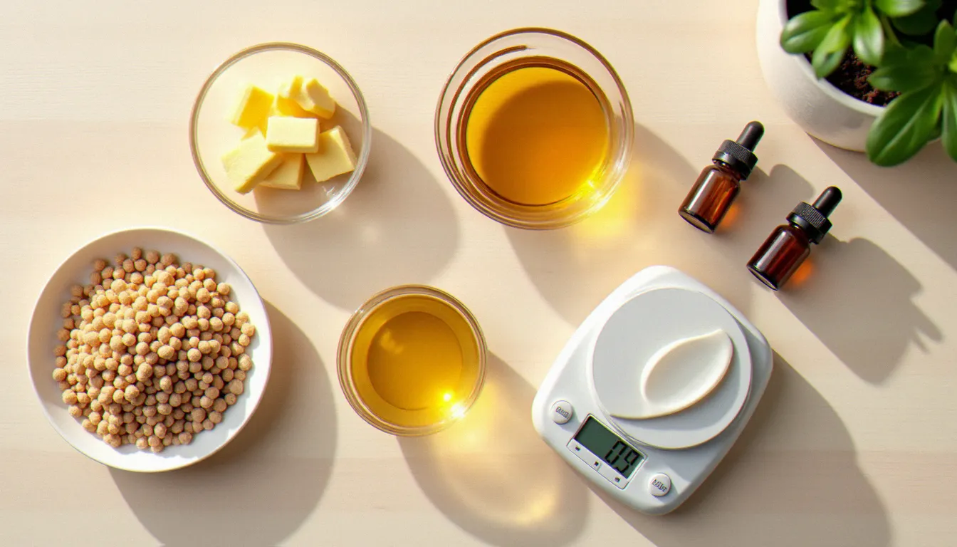 Vue de dessus des ingrédients pour la recette de galet de massage : beurre de karité, beurre de cacao, cire d'abeille et huiles essentielles disposés sur une table en bois clair avec des moules en silicone