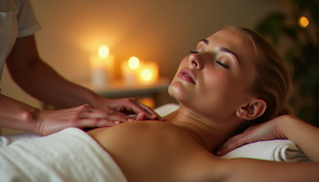 Femme recevant un massage du dos dans un espace bien-être serein, praticienne utilisant un galet de massage fondu entre ses mains pour glisser sur la peau