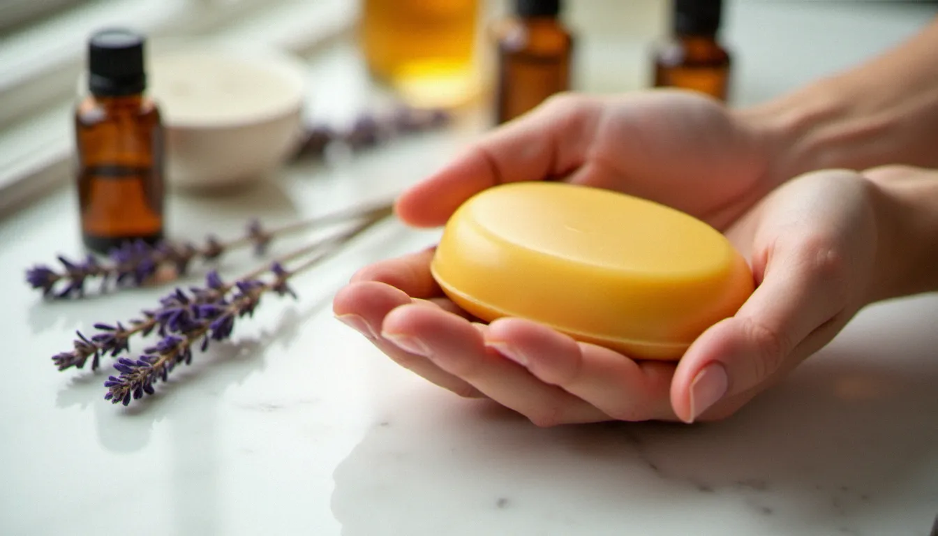 Galet de massage solide tenu dans deux mains ouvertes, sur fond de marbre blanc avec des éléments botaniques, illustrant une recette de galet de massage maison