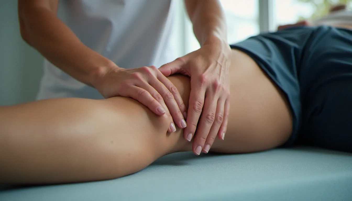 Gros plan des mains d'un kinésithérapeute réalisant un massage transversal profond sur le tendon du genou d'un patient en cabinet de rééducation