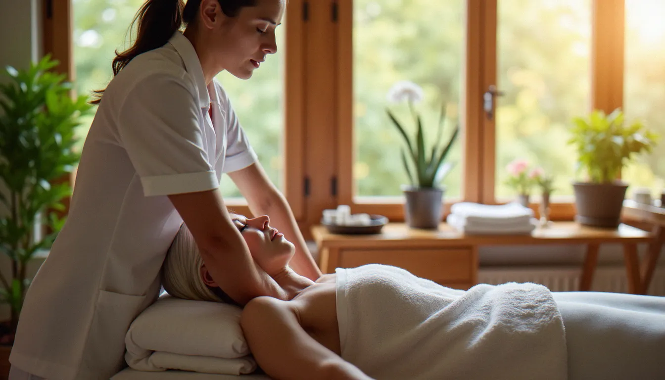 Une femme d'une soixantaine d'années reçoit un massage thérapeutique de l'épaule dans un centre bien-être chaleureux à Vichy, ambiance apaisante et lumière naturelle