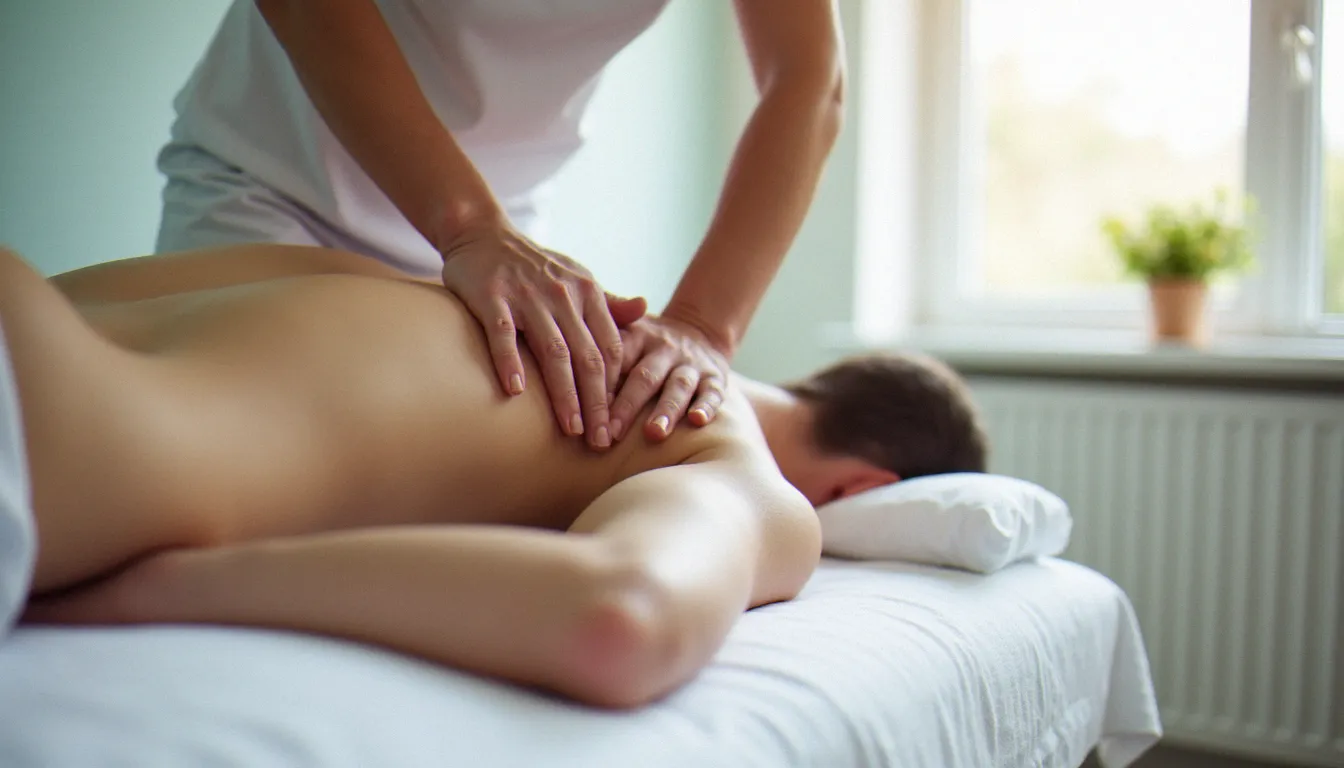 Séance de massage avec physiothérapie sur une patiente allongée sur une table de soin, les mains du praticien travaillant les muscles du dos dans un cabinet lumineux