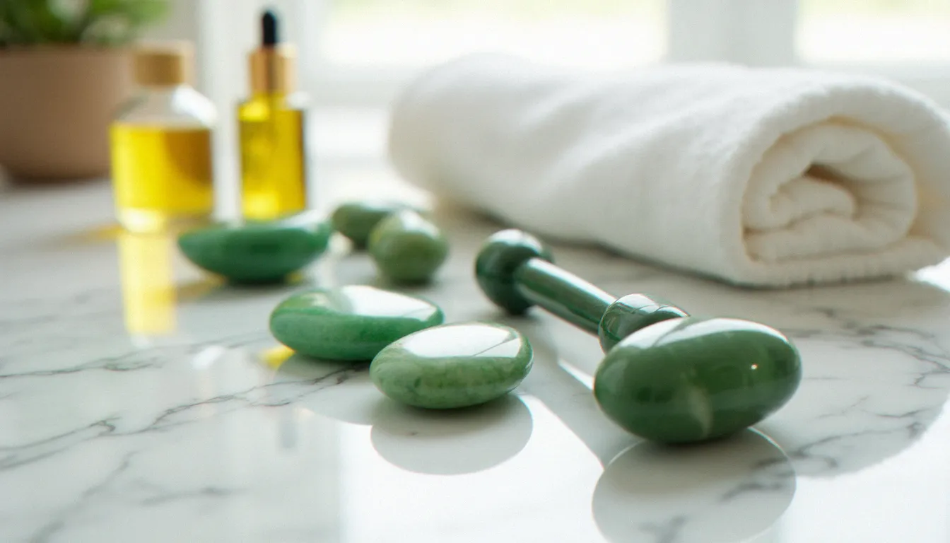 Galets de jade polis et rouleau facial en jade disposés sur un marbre blanc avec de l'huile végétale pour le massage
