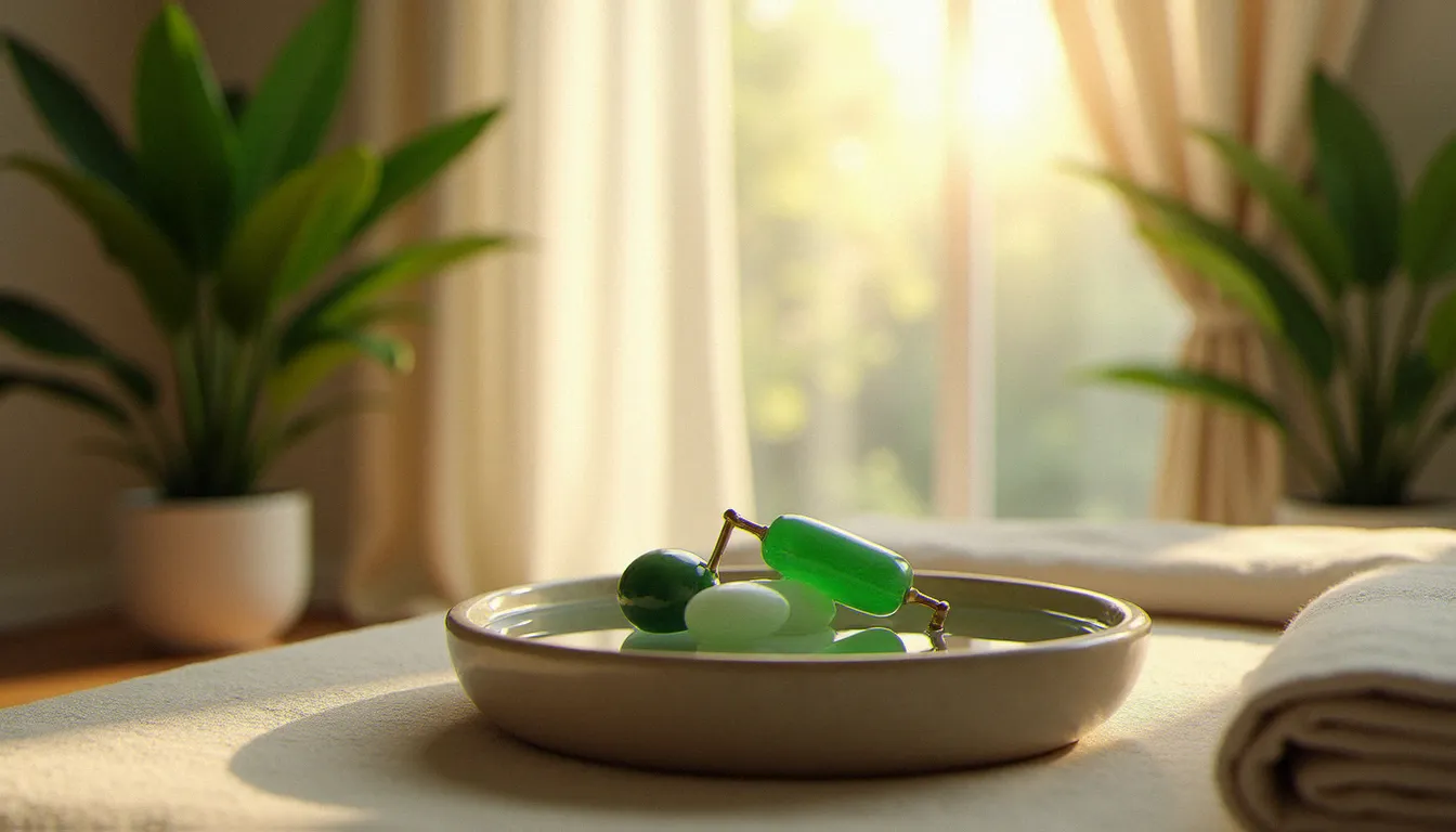 Pierre de jade et rouleau posés dans un bol en céramique dans une salle de soin zen et lumineuse, ambiance bien-être apaisante