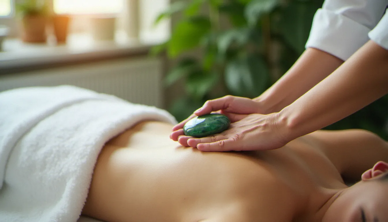 Praticienne tenant une pierre de jade verte sur le dos d'une cliente lors d'un massage avec pierre de jade en cabinet bien-être