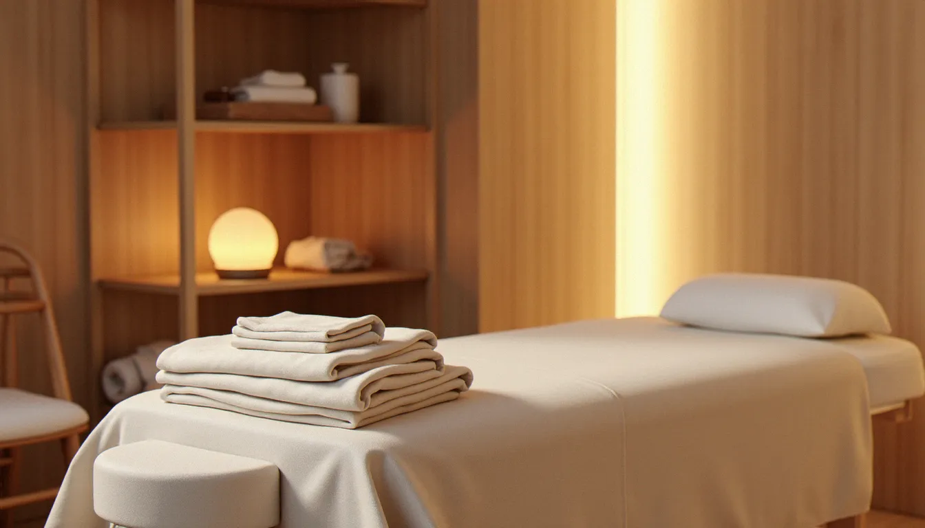 Table de massage drapée d'un linge blanc dans une cabine de bien-être, avec des vêtements pliés sur une chaise à côté, illustrant la préparation à une séance