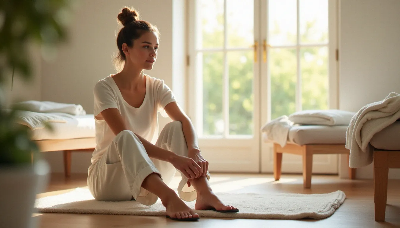 Femme en tenue ample et confortable dans un espace bien-être avant une séance de massage, illustrant comment s'habiller pour un massage