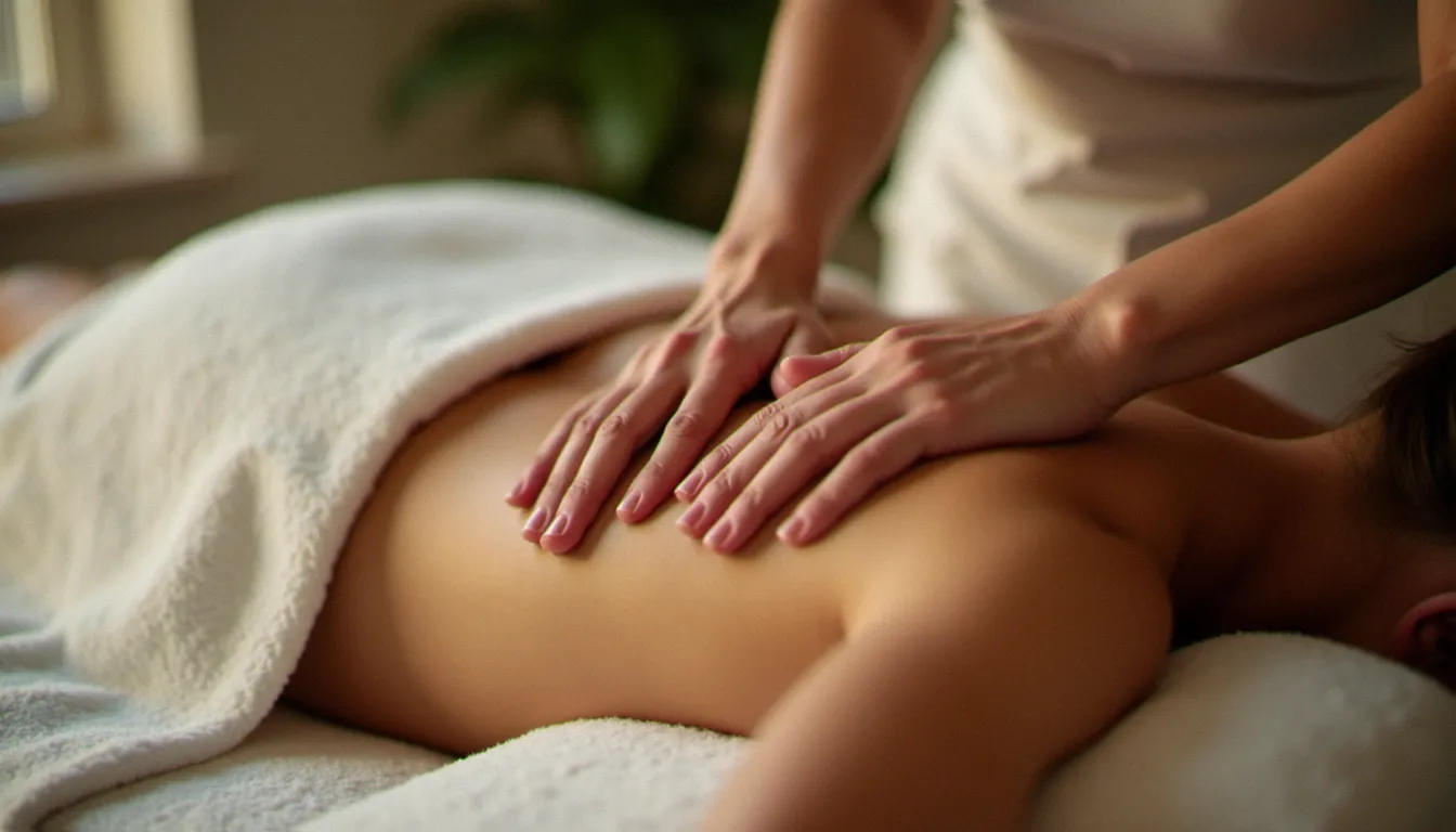Gros plan sur les mains d'une praticienne effectuant des effleurages très légers sur le haut du dos et les omoplates d'une cliente lors d'un massage doux