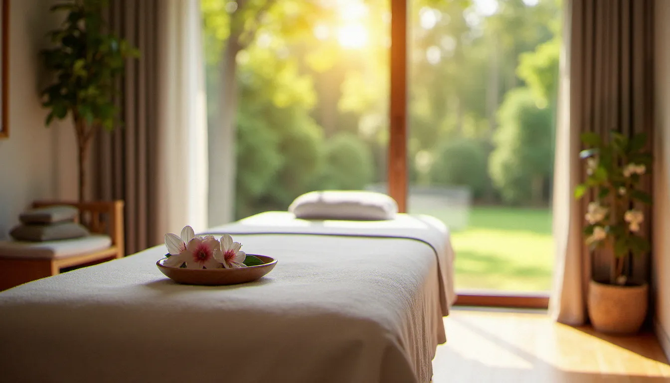Espace de soin lumineux à Vichy avec table de massage drapée de lin blanc face à une fenêtre donnant sur un parc verdoyant, prêt à accueillir une séance de massage effet papillon