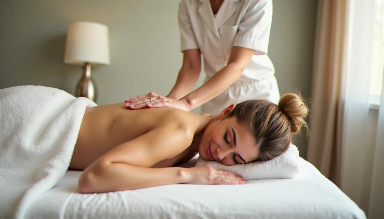 Praticienne posant délicatement les mains sur le dos d'une cliente allongée lors d'un massage effet papillon dans un espace bien-être lumineux et apaisant