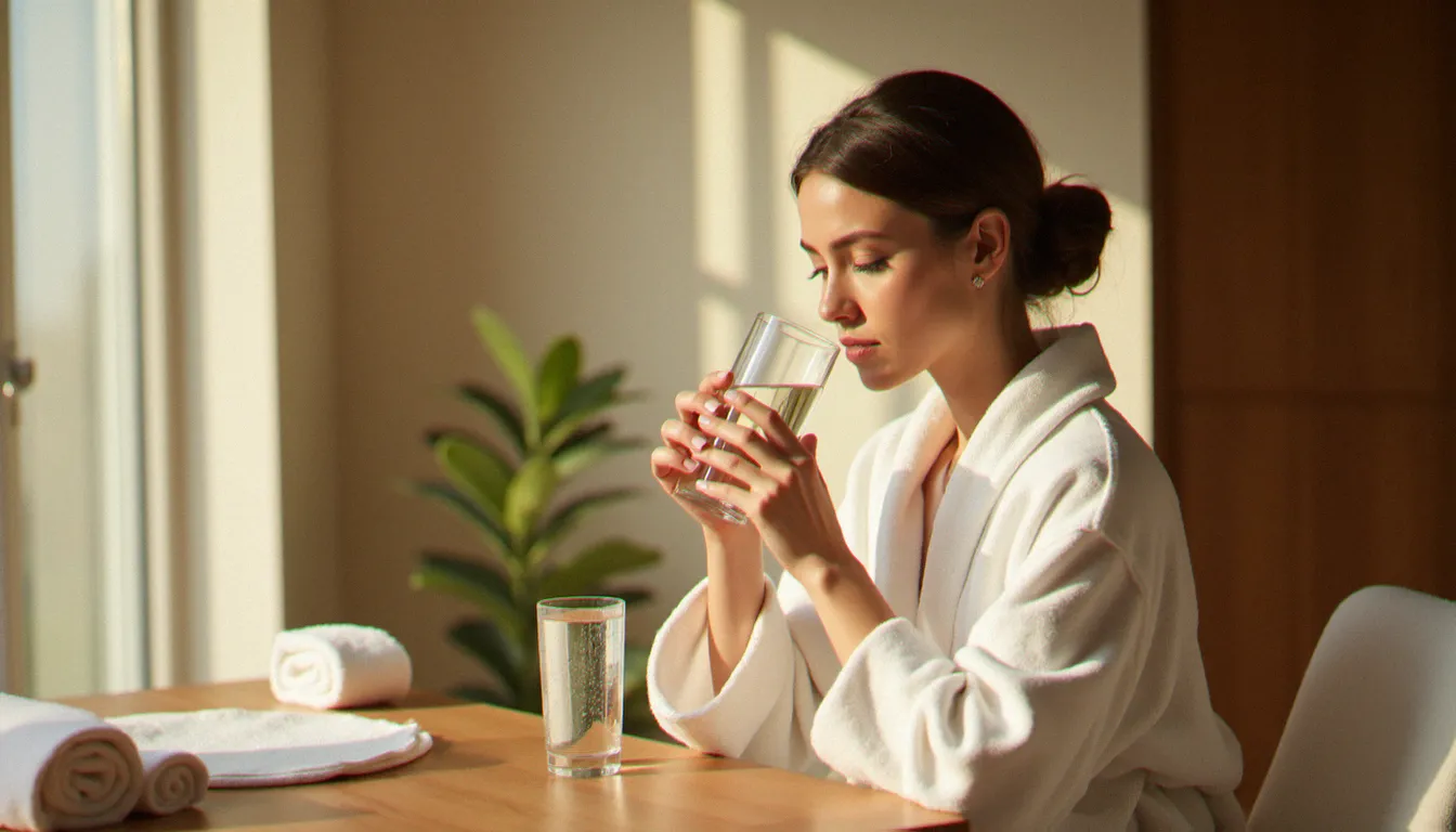 Femme se réhydratant avec un verre d'eau après une séance de massage, geste essentiel pour accompagner l'effet rebond et favoriser l'élimination des toxines