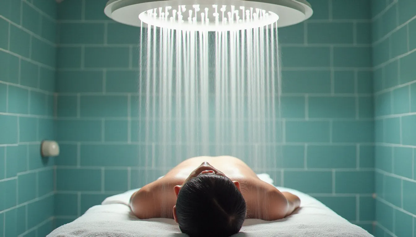 Table de massage Vichy avec douche cascade, illustrant les spécificités et effets secondaires potentiels du massage sous eau thermale