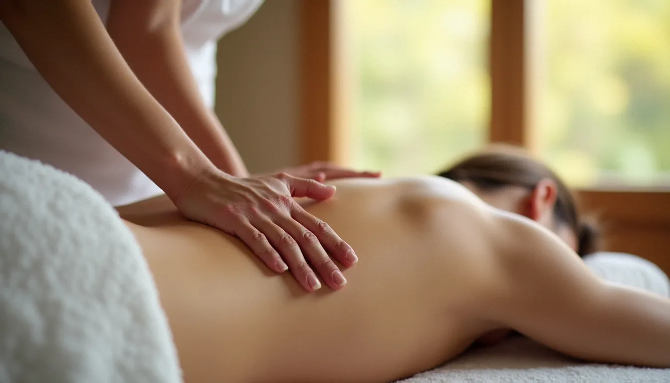 Praticienne appliquant un massage sur le dos d'une cliente allongée, illustrant les effets secondaires possibles d'un massage bien-être