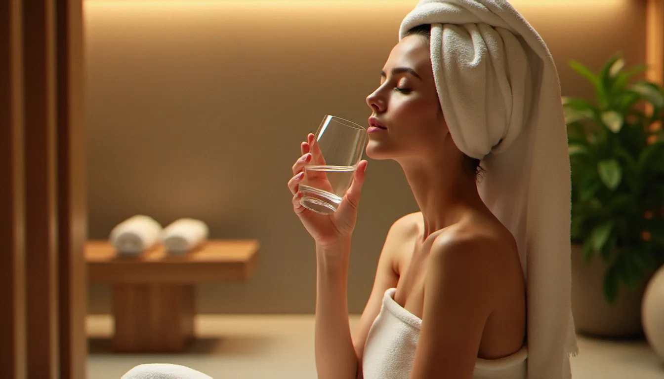 Femme s'hydratant après un massage pour limiter les effets indésirables, dans un espace bien-être lumineux et apaisant