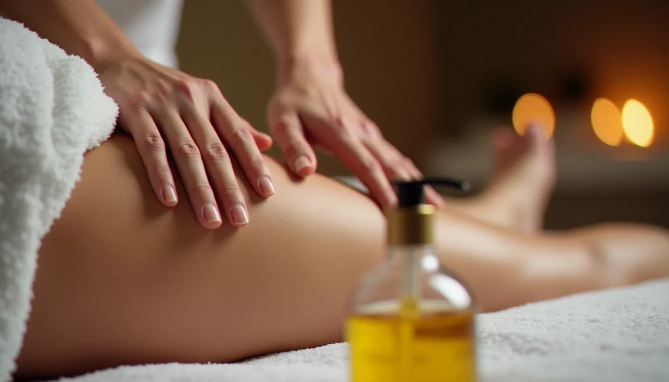 Masseuse pratiquant un massage efficace contre la cellulite sur la cuisse d'une cliente dans un spa, avec une huile de massage dorée