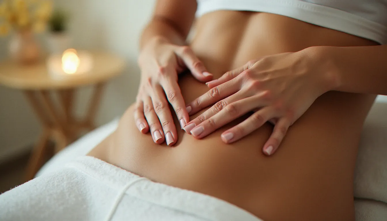 Gros plan des mains d'une praticienne réalisant des pressions glissées dans le sens horaire sur l'abdomen pour stimuler le transit intestinal