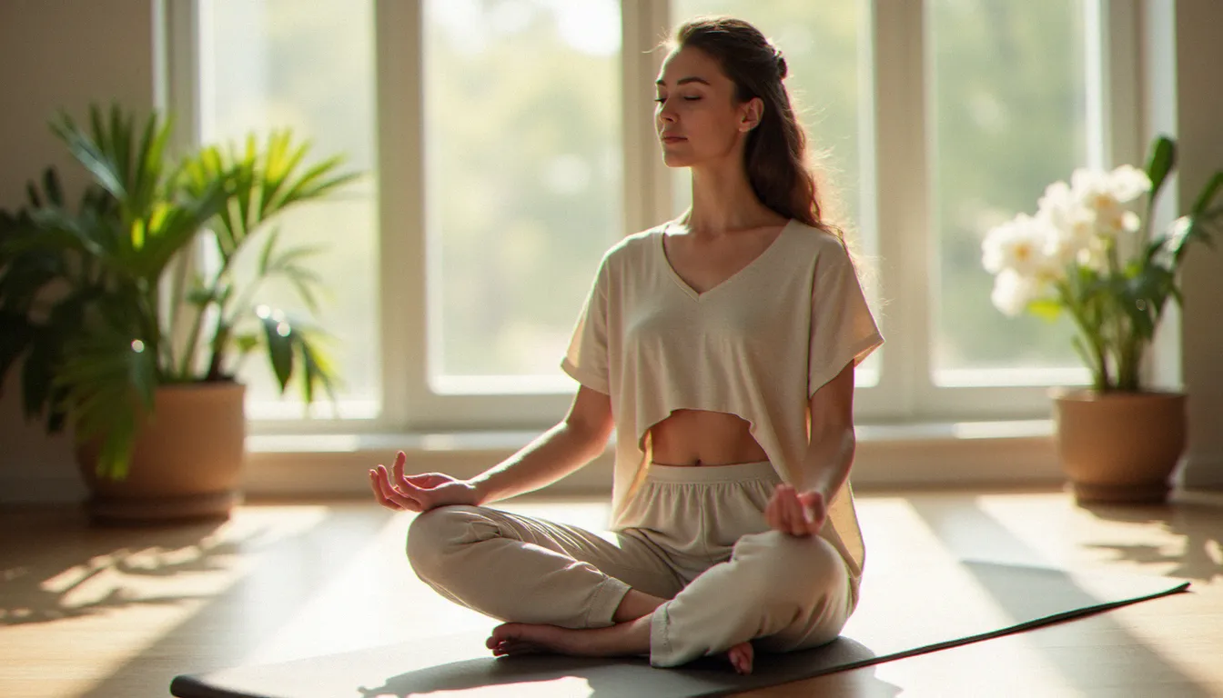 Femme en position assise effectuant une pression douce en fosse iliaque gauche, geste clé du massage efficace contre la constipation, dans un cadre lumineux et apaisant