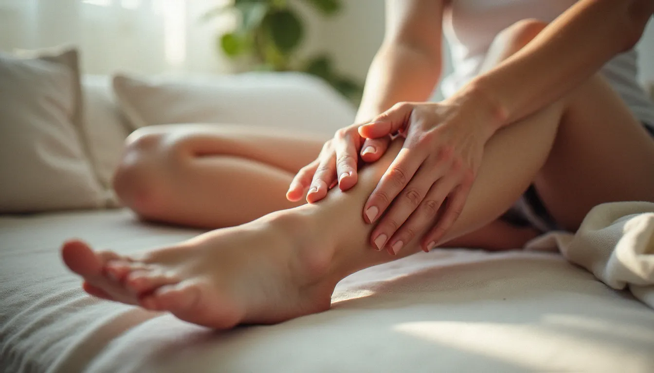 Auto-massage drainant des jambes avec une huile végétale pour stimuler la circulation lymphatique