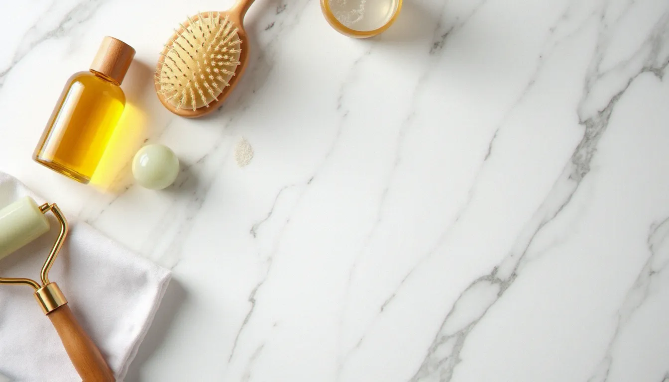 Outils pour massage anti-cellulite maison : brosse à sec naturelle, huile de noisette et rouleau jade disposés sur marbre blanc