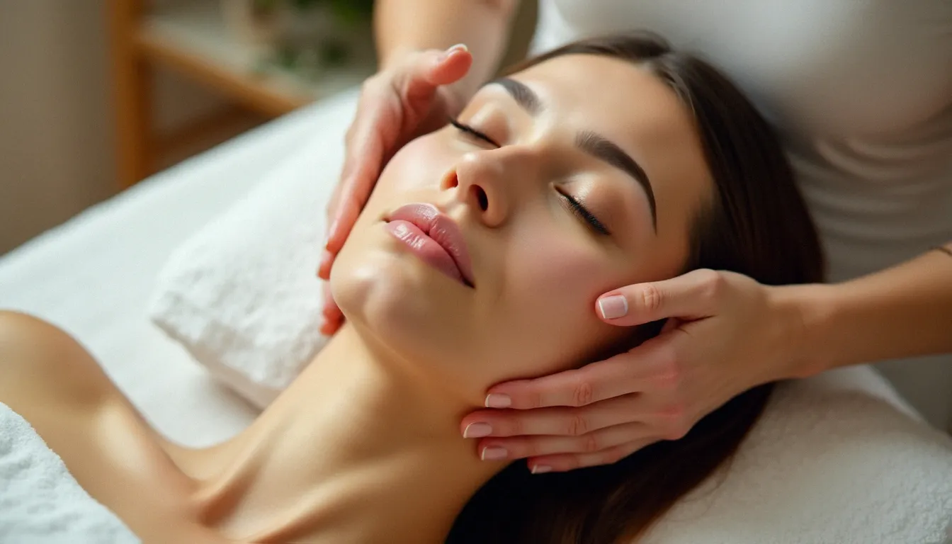 Praticienne effectuant un massage efficace du visage sur une femme allongée dans un spa, lumière naturelle douce et environnement apaisant
