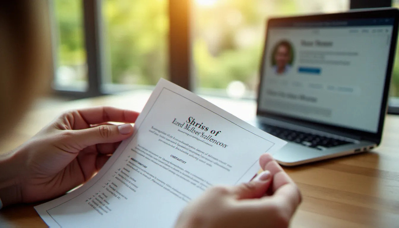 Praticienne vérifiant un diplôme de formation en massage bien-être avant de référencer un professionnel trouvé via une annonce en ligne