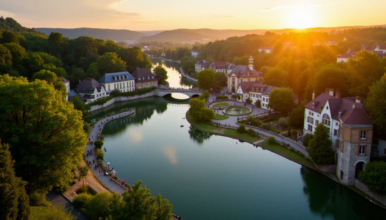 Vue aérienne de Vichy et du lac d'Allier au coucher du soleil, ville thermale française reconnue pour ses soins bien-être et ses praticiens en massage