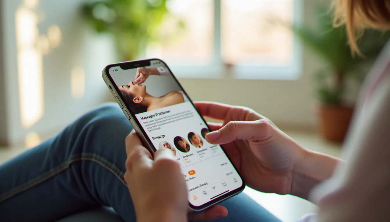 Personne consultant des annonces de massage en France sur son téléphone, comparant les profils de praticiens bien-être
