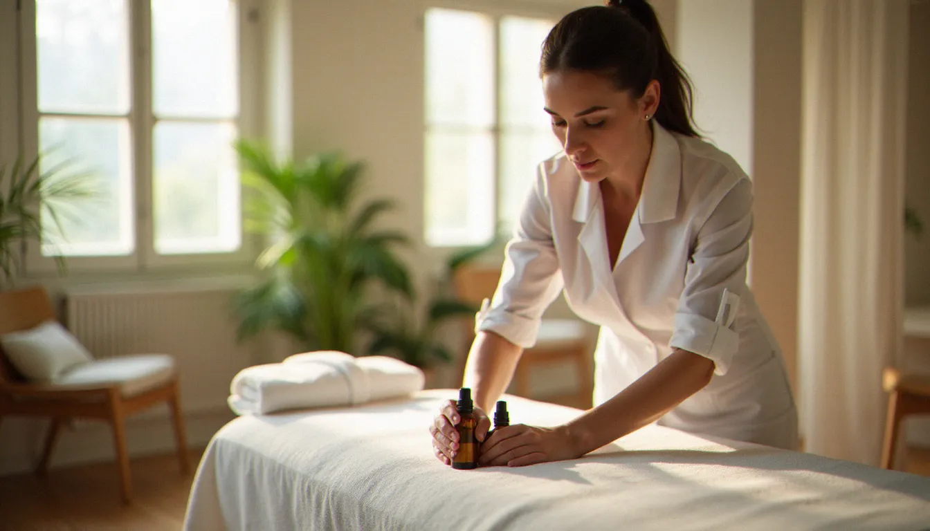 Praticienne bien-être préparant une table de massage dans un cabinet lumineux en France, illustration d'une annonce de massage sérieuse