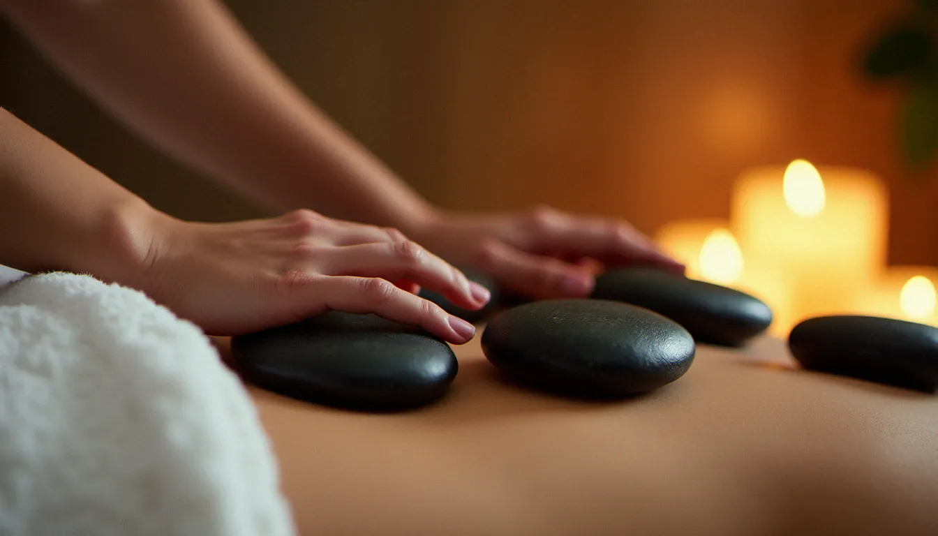 Massage aux pierres chaudes pratiqué dans un spa français, mains du praticien posant des pierres de basalte noires sur le dos d'un client allongé