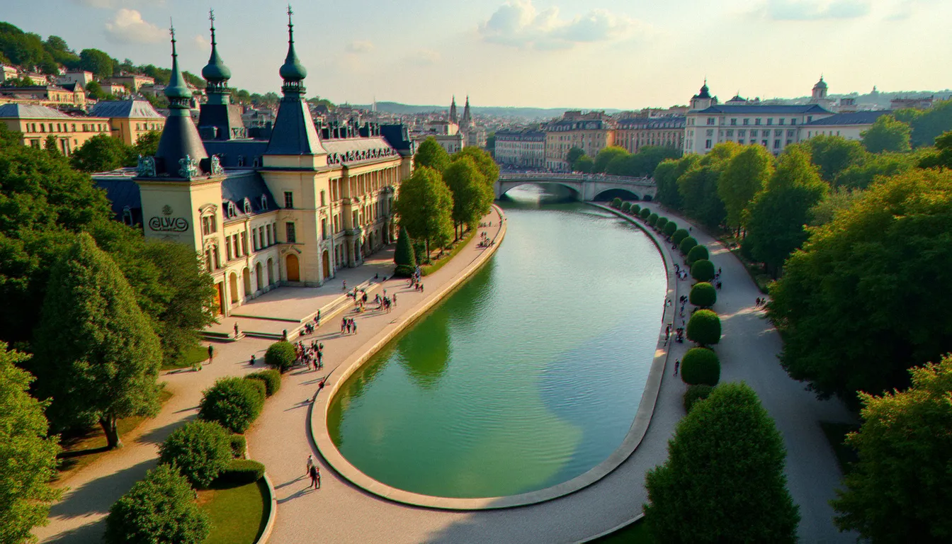 Vue aérienne de Vichy montrant les thermes et le parc des sources, destination emblématique du massage et du bien-être thermal en France pour les visiteurs des pays voisins