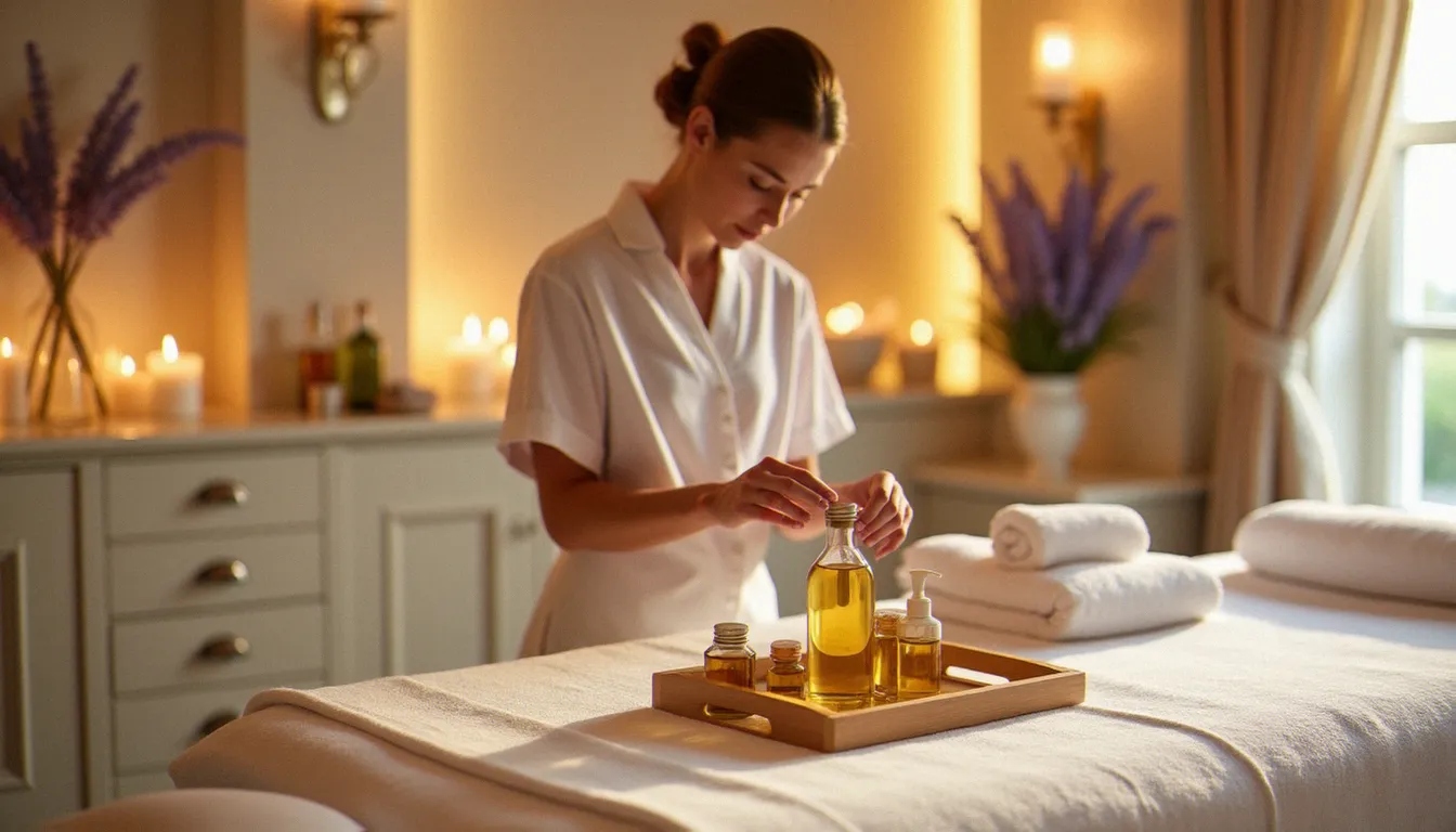 Salle de massage bien-être dans un spa thermal français, lumière dorée et huiles essentielles sur plateau en bois, illustrant le massage en France pour les visiteurs des pays voisins