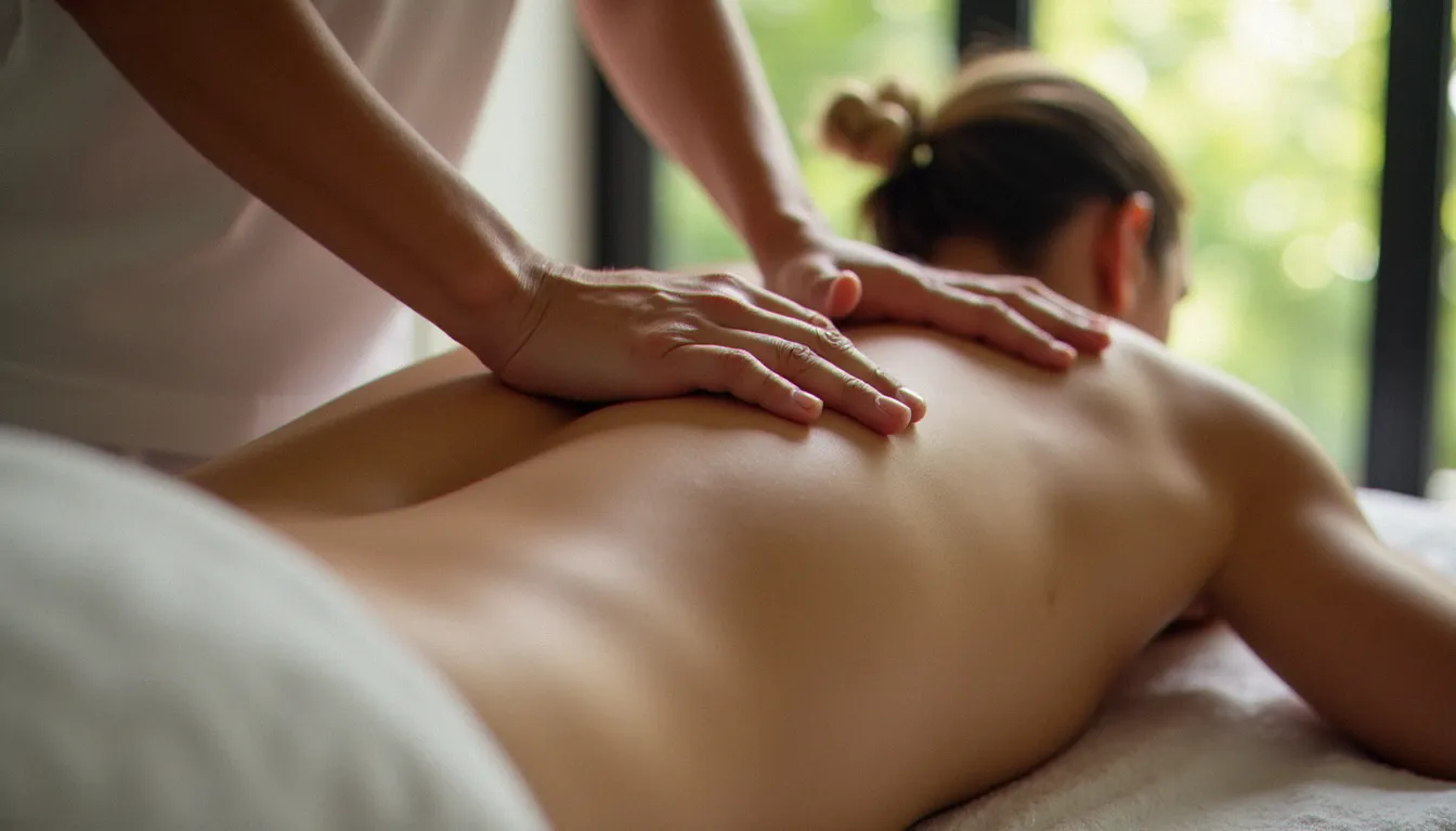 Personne allongée en détente complète sur une table de massage à la fin d'une séance de massage guide back, mains du praticien posées à plat dans un geste d'ancrage et de clôture