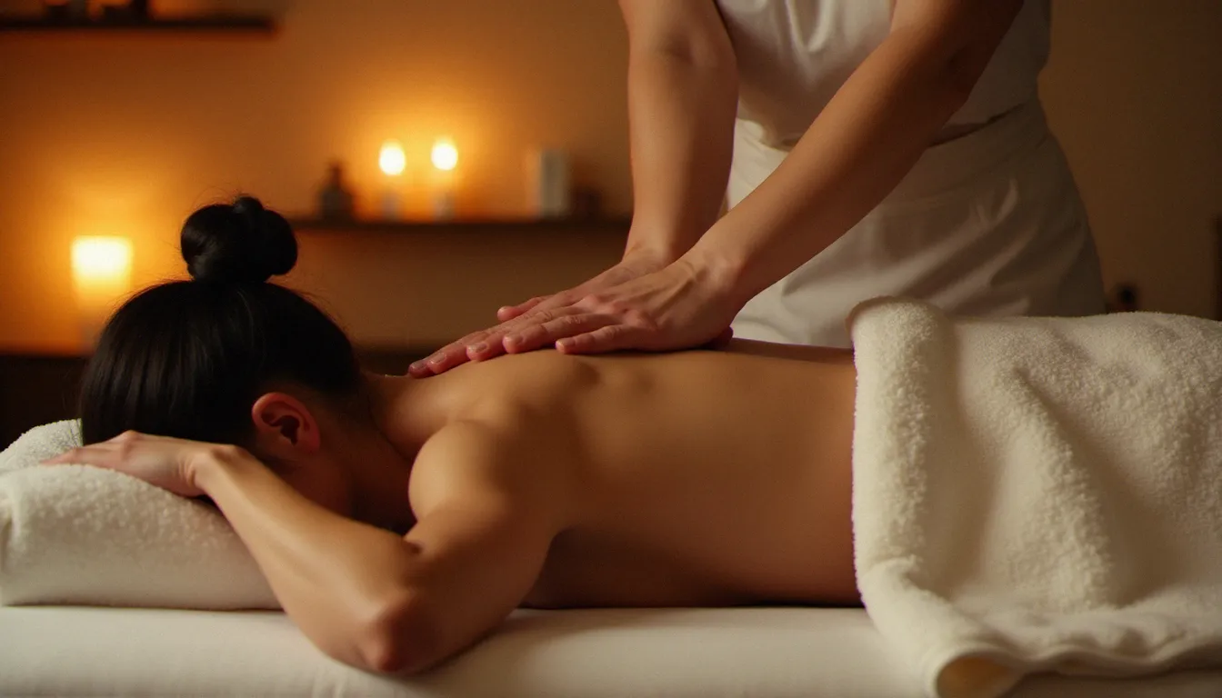 Praticienne effectuant un massage guide back sur le dos d'une cliente allongée sur une table de massage dans un espace bien-être calme et lumineux