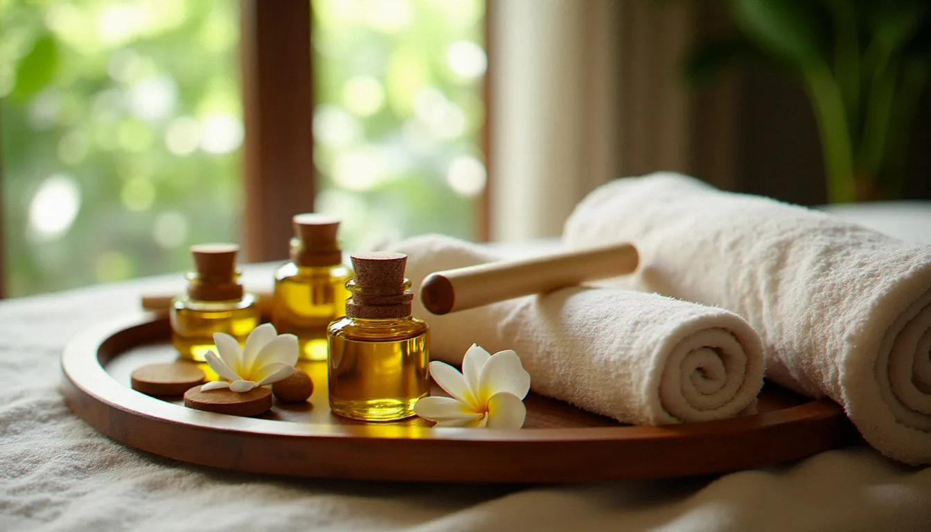 Accessoires de massage à Bangkok disposés sur un plateau en bois — bâtons de bambou, huiles essentielles et fleurs de jasmin