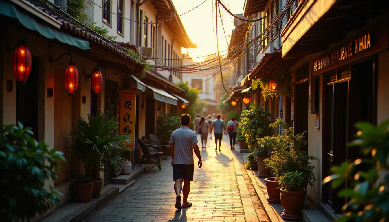 Ruelle calme du quartier du Wat Pho à Bangkok à l'heure dorée avec un salon de massage traditionnel thaïlandais en façade
