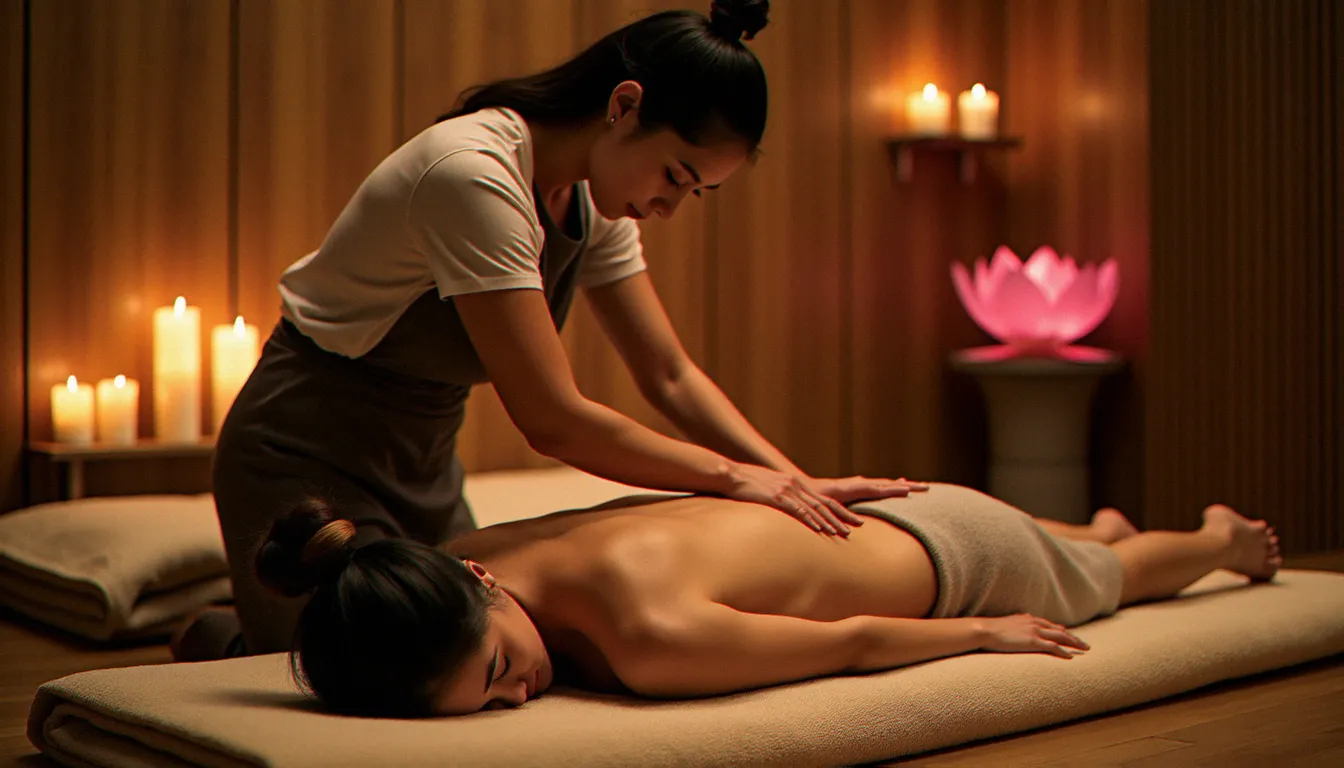 Praticienne réalisant un massage guide Bangkok traditionnel thaïlandais sur un client allongé dans un spa en bois aux chandelles
