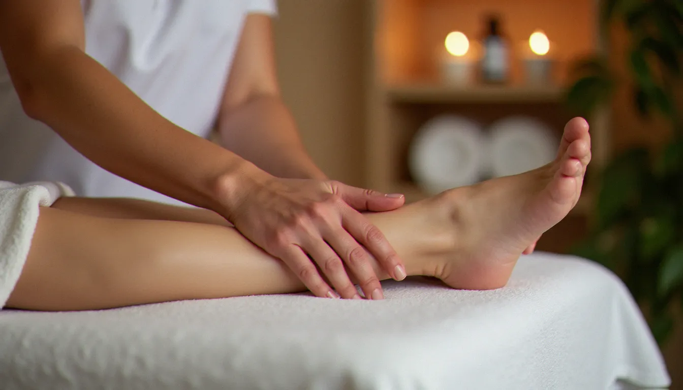 Praticienne réalisant un massage guide feet sur la plante du pied d'une cliente allongée sur une table de massage blanche