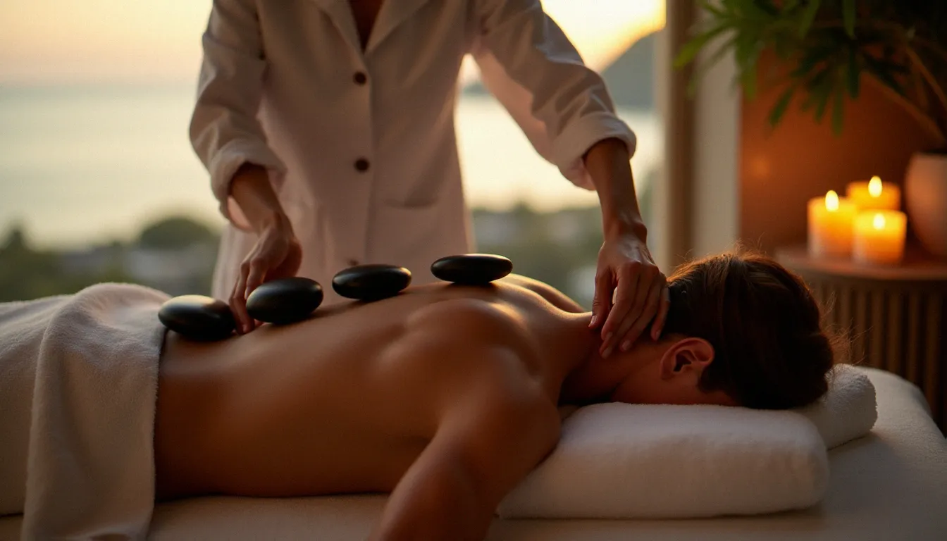 Massage aux pierres chaudes de basalte dans un spa côtier breton, pierres disposées le long du dos d'une cliente en séance de bien-être
