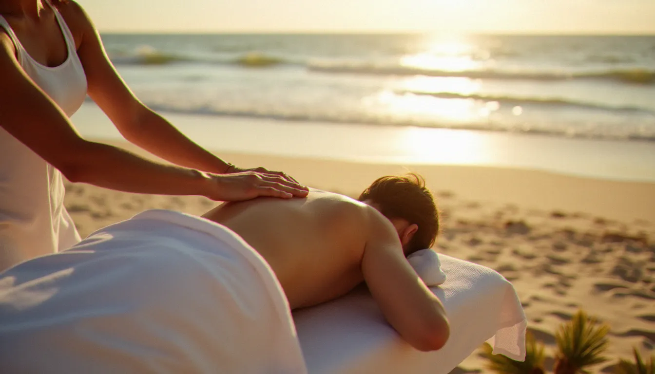 Séance de massage sur une table professionnelle installée près de la plage de Guidel, avec l'océan Atlantique en arrière-plan
