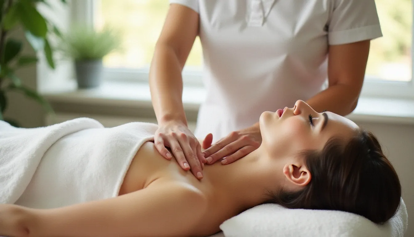 Praticienne réalisant un massage lymphatique efficace sur le cou et le décolleté d'une cliente allongée sur une table de massage blanche