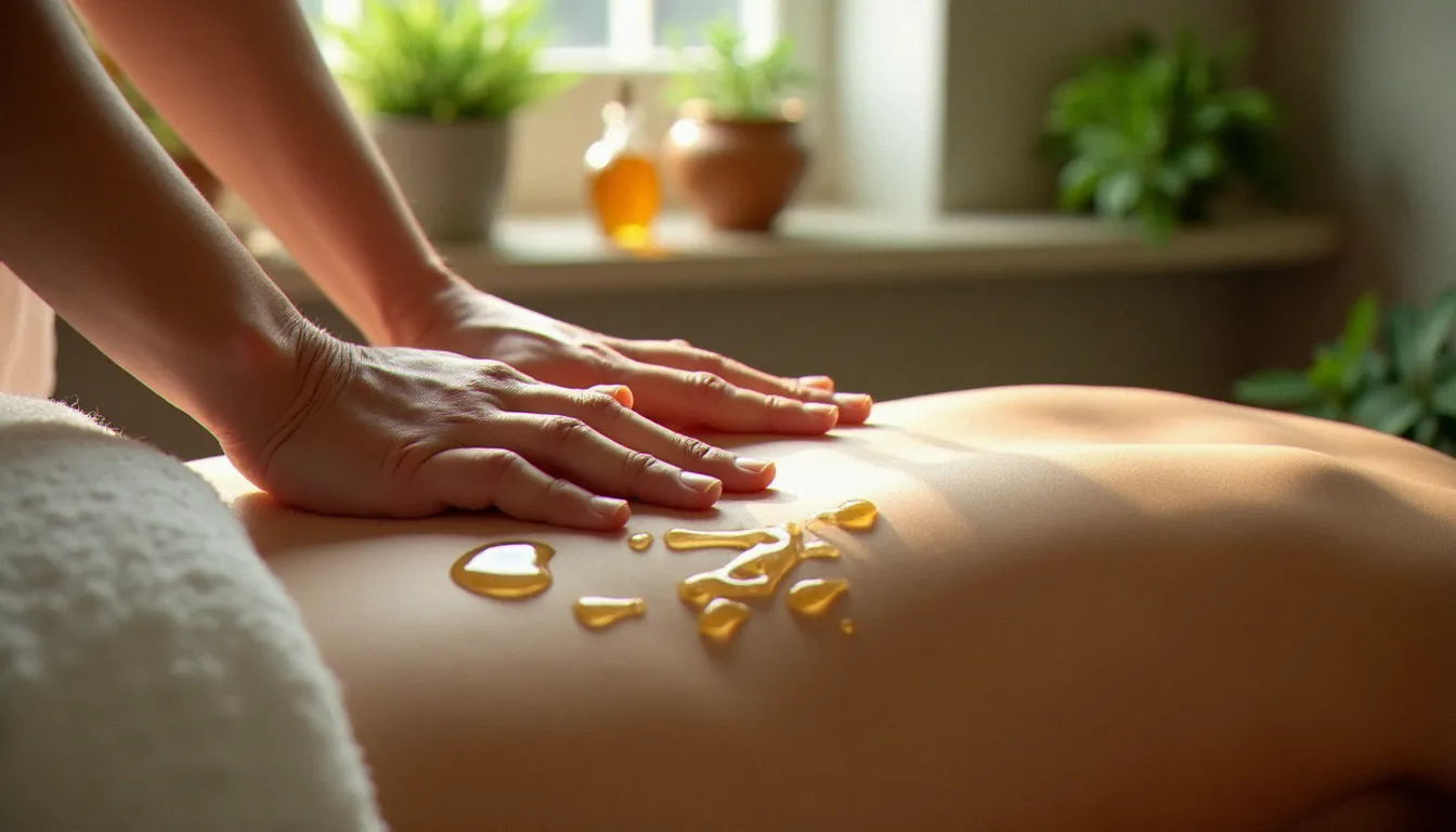 Praticienne appliquant une huile de sésame chaude sur le dos d'une cliente lors d'une séance de massage arabe traditionnel, lumière naturelle douce