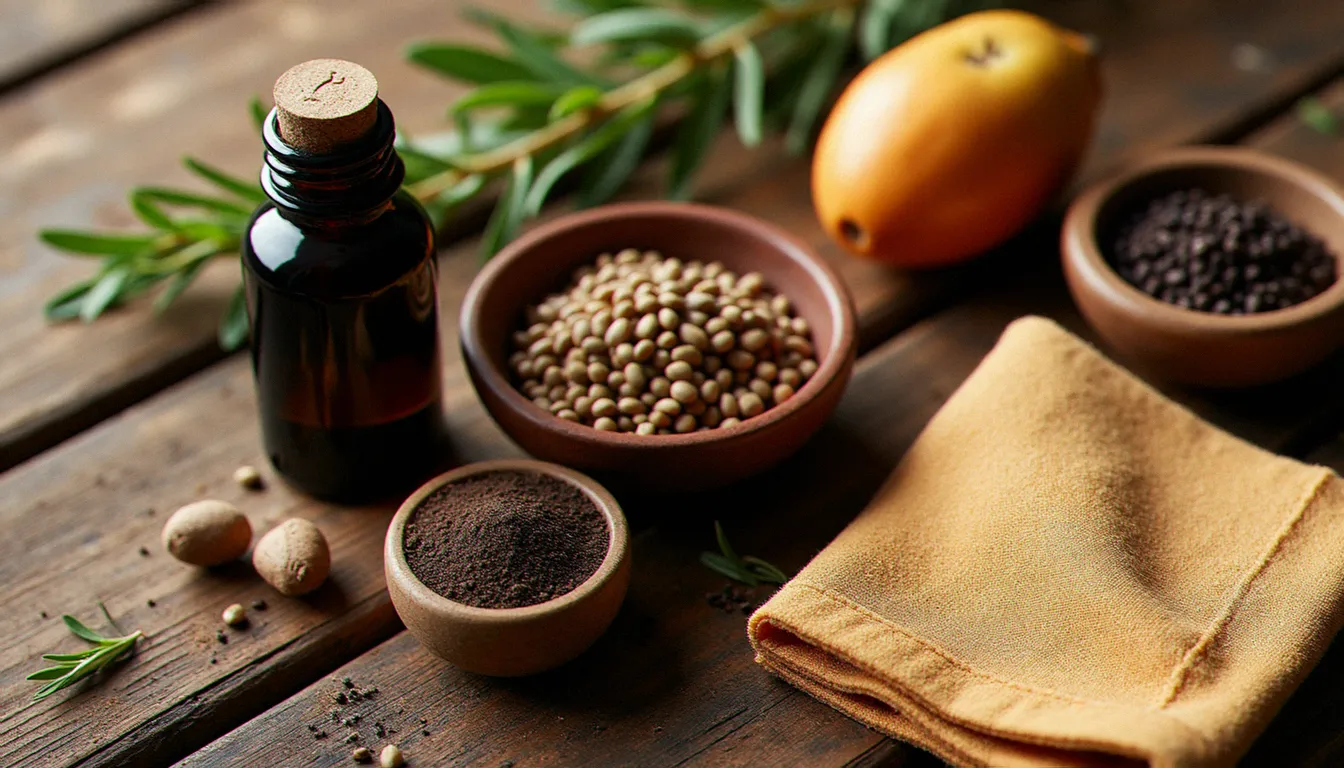 Huiles et ingrédients traditionnels du massage arabe disposés sur bois : huile de nigelle, argan, romarin séché, cumin et savon beldi