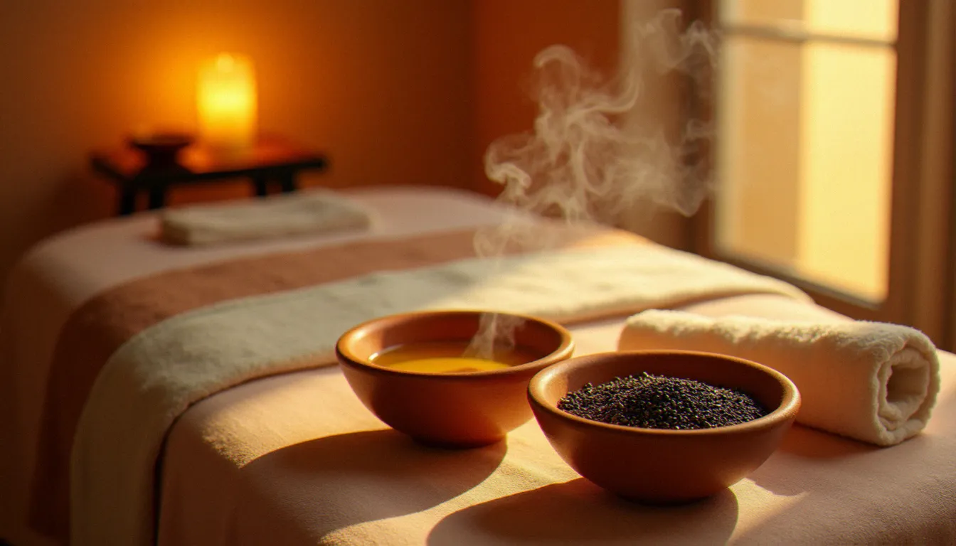 Salle de massage massothérapie arabe avec huiles d'argan et de nigelle chauffées, gant de kessa et serviettes blanches sur une table en bois, lumière ambrée et douce