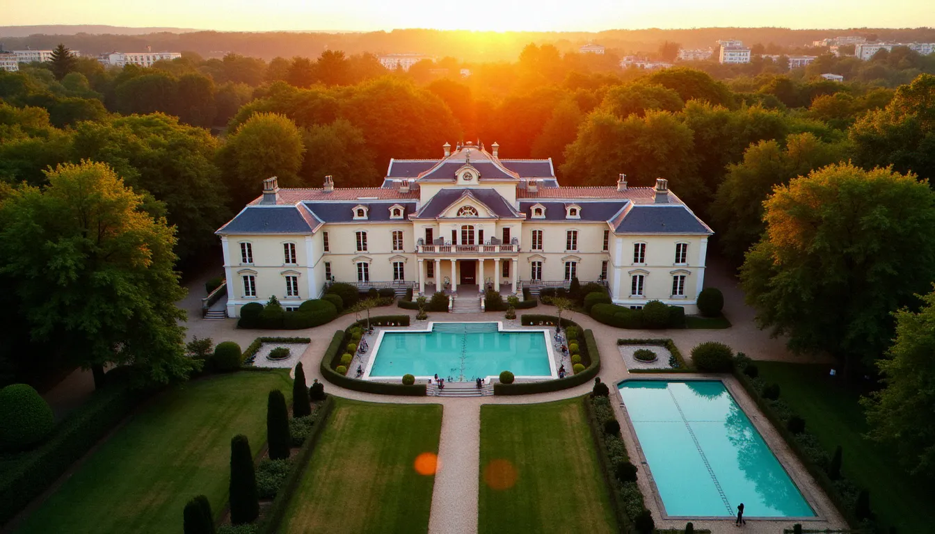 Vue aérienne de l'établissement thermal de Vichy au coucher du soleil, illustrant le patrimoine bien-être de la ville thermale