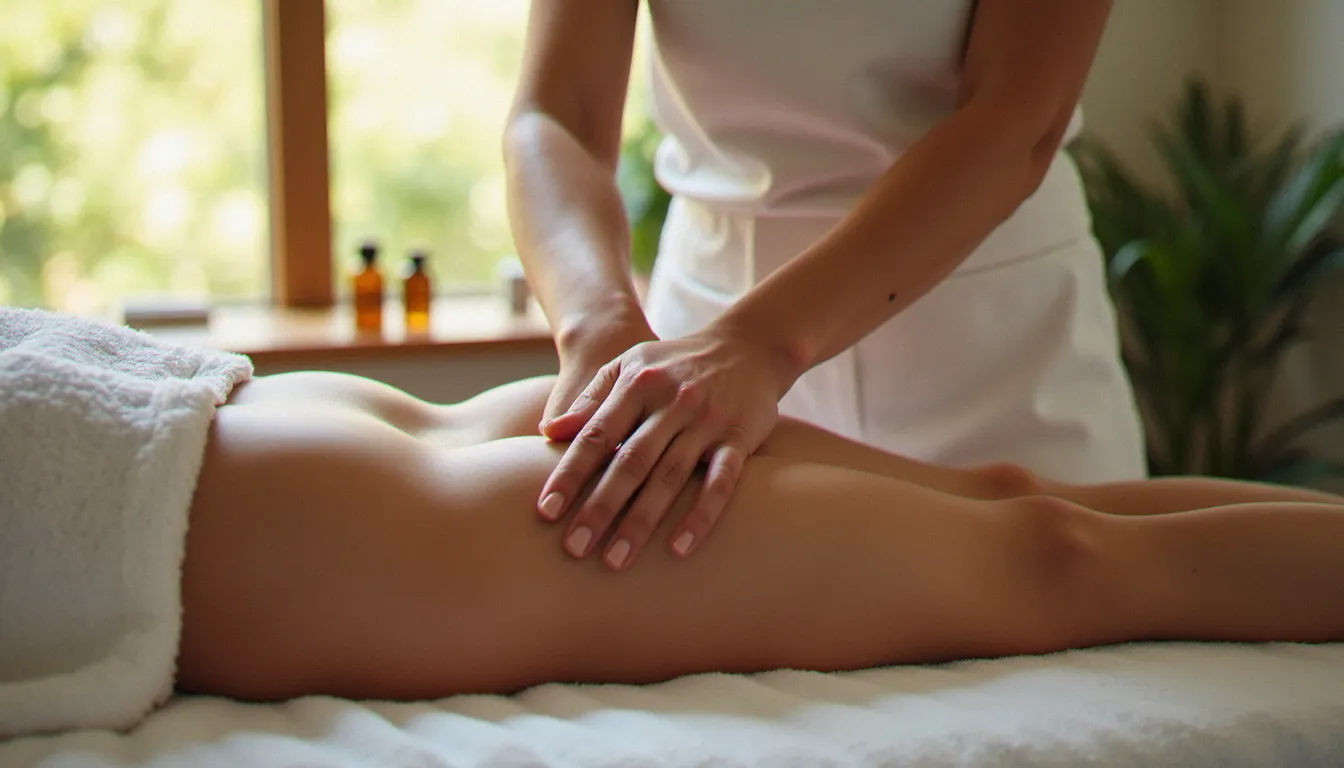 Praticienne réalisant un massage minceur efficace sur les jambes d'une cliente dans un espace bien-être lumineux à Vichy
