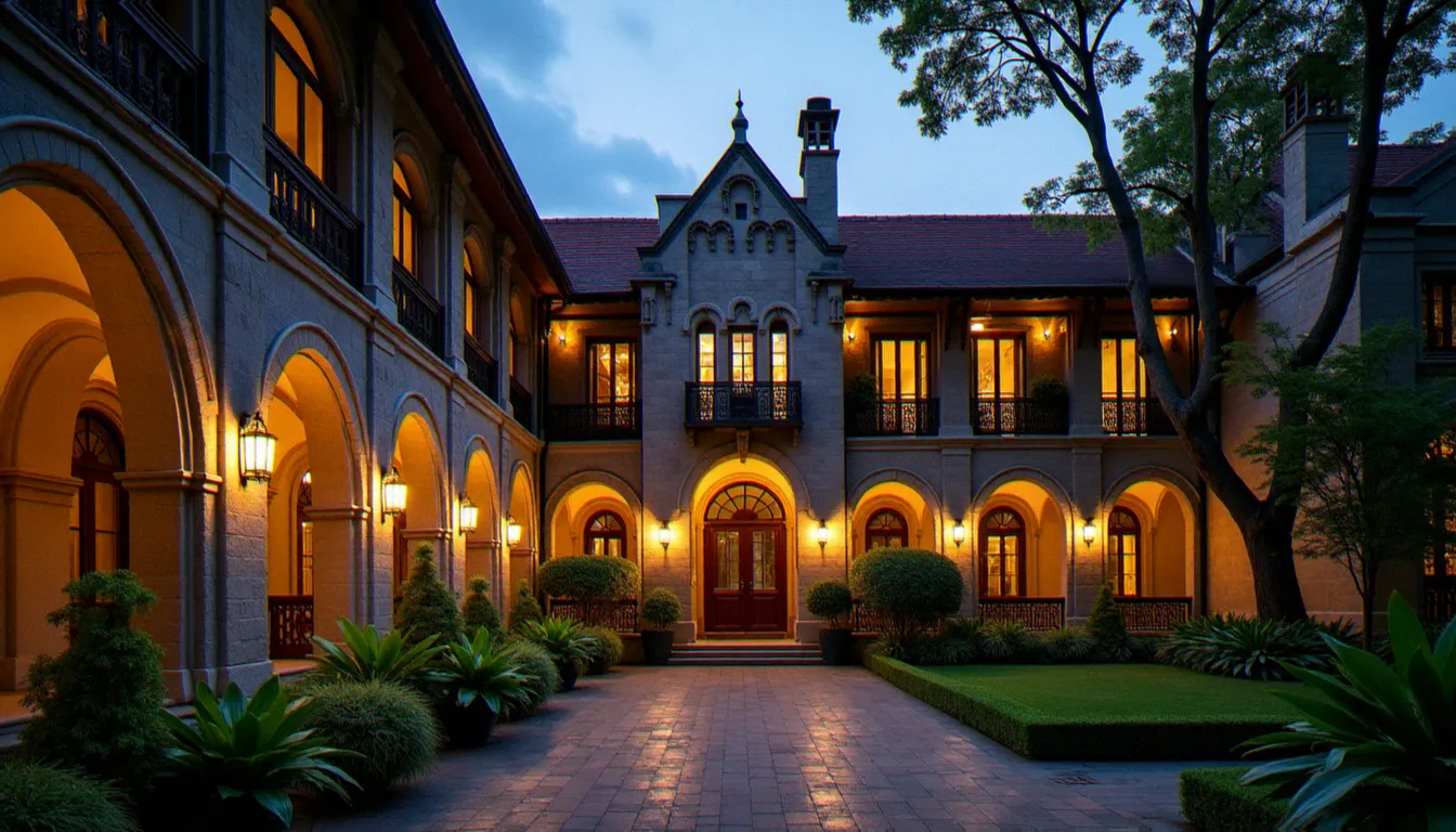 Vue extérieure du complexe patrimonial de Chijmes à Singapour au crépuscule, cadre unique qui accueille le spa de massage Natureland
