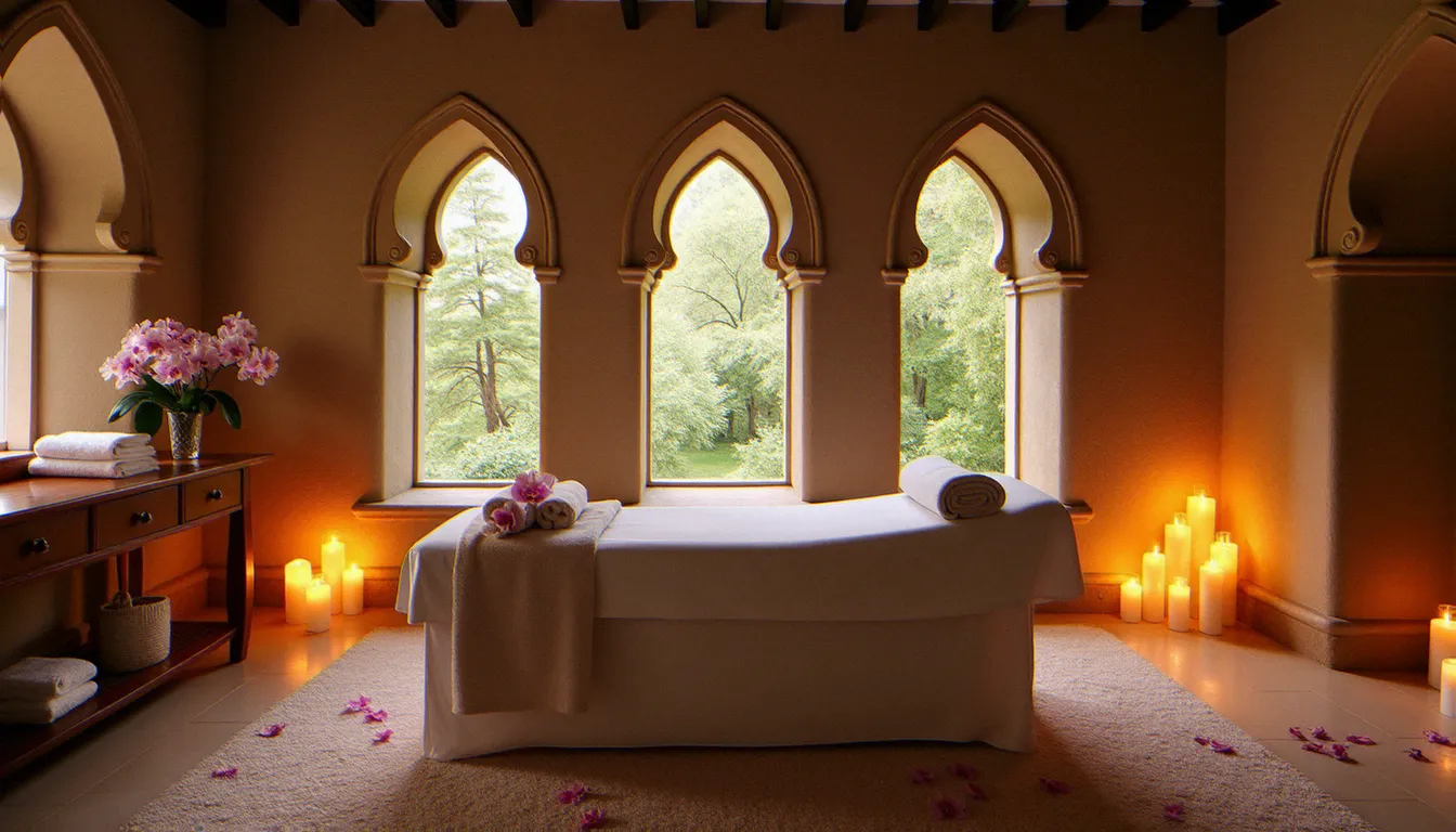 Salle de massage asiatique dans un bâtiment historique en pierre de Singapour, illustrant l'ambiance du massage Natureland Chijmes
