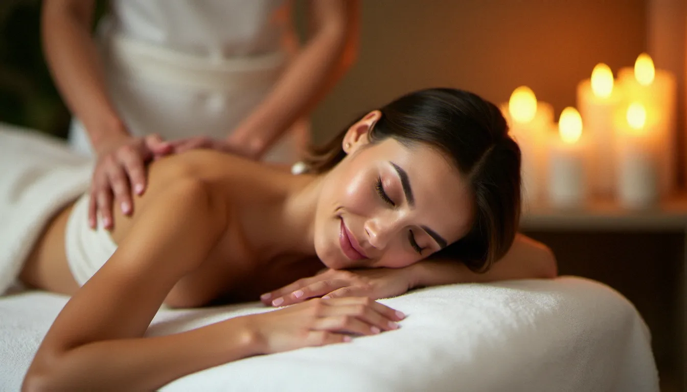 Femme allongée en état de détente profonde sur une table de massage lors d'un soin corps aux huiles naturelles dans un espace bien-être à Vichy