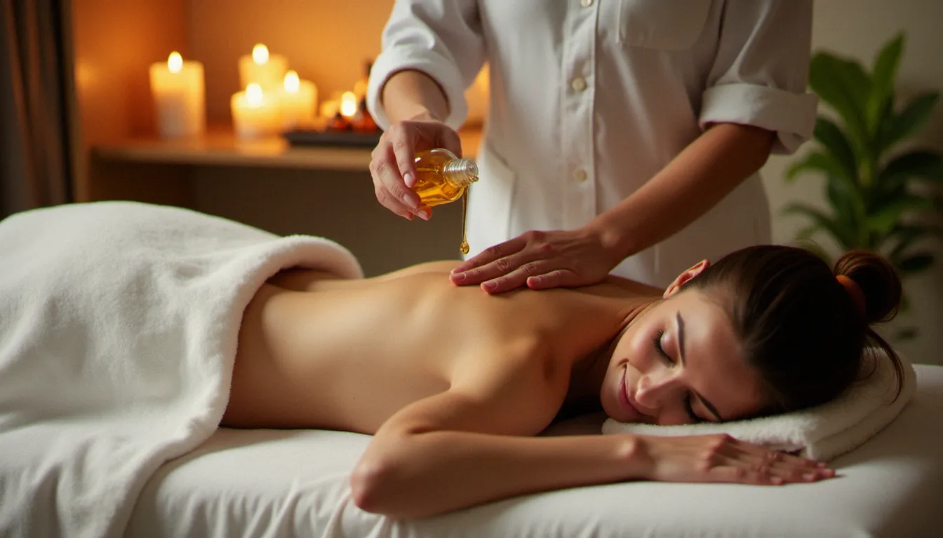 Praticienne versant une huile végétale naturelle de type Natureland Orchard sur le dos d'une cliente lors d'un massage corps à Vichy